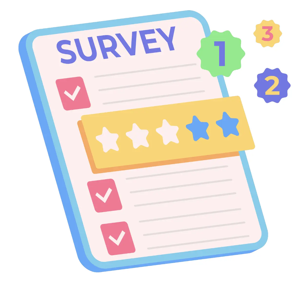 An illustration of a survey form with checkboxes and a star rating system, emphasizing the importance of customer feedback.