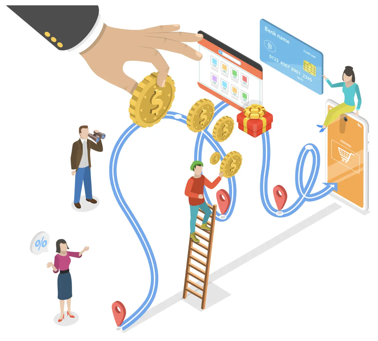 An illustration of the customer spending journey with visualized coins, digital transactions, and shopping paths, highlighting user interactions.