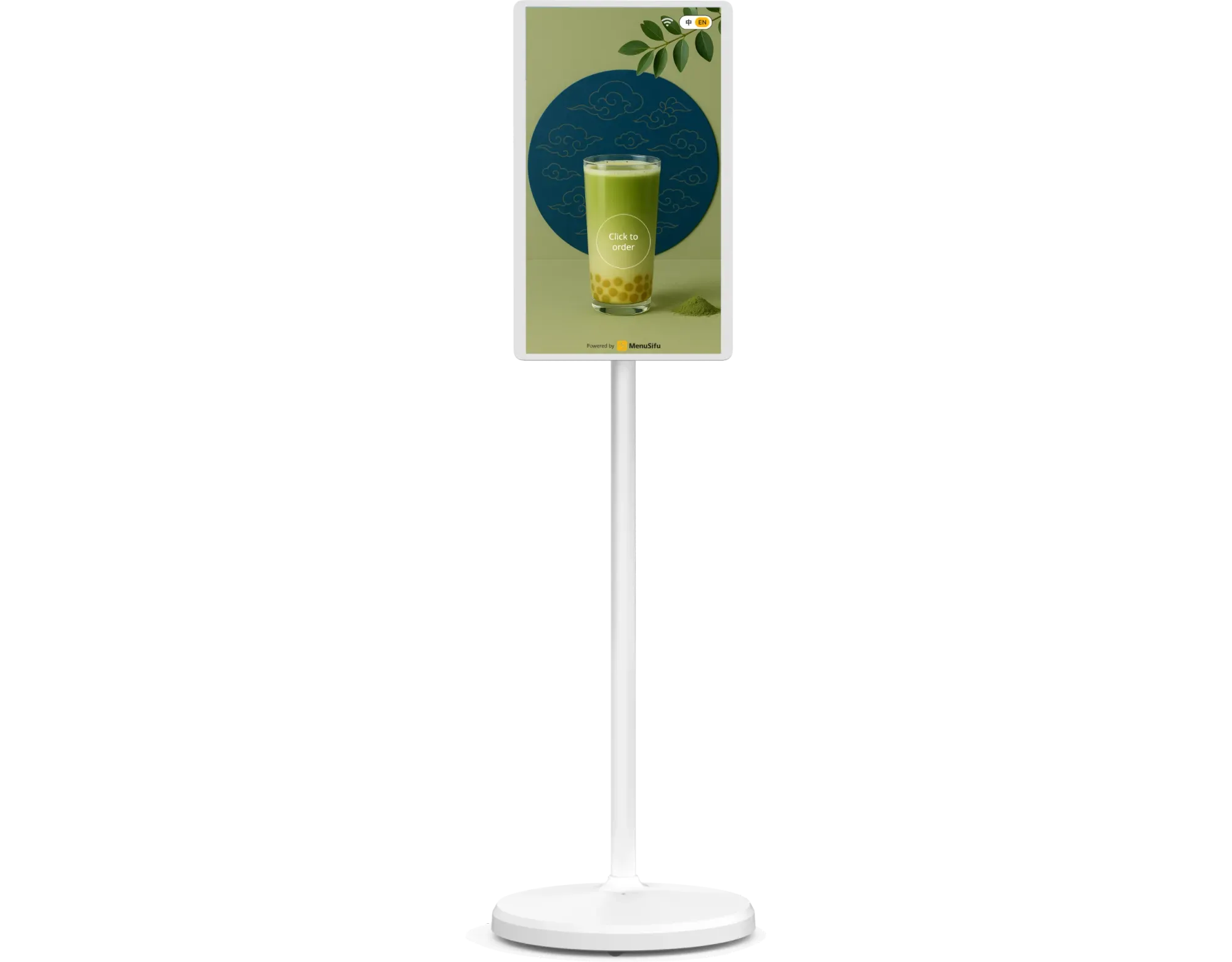 MenuSifu digital ordering kiosk showing a bubble tea promotional screen and “Click to Order” button