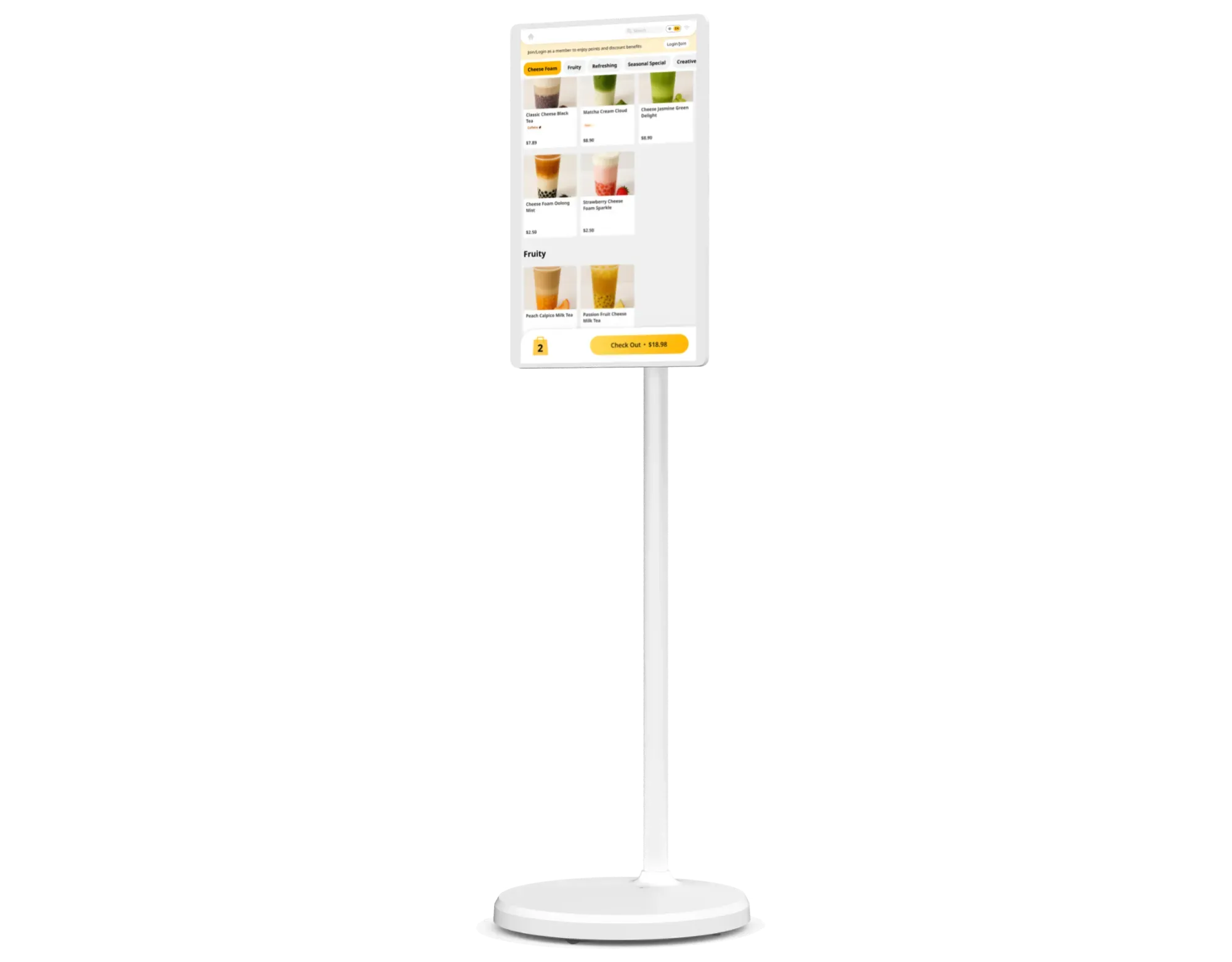 Vertical self-ordering kiosk with bubble tea menu screen interface powered by MenuSifu