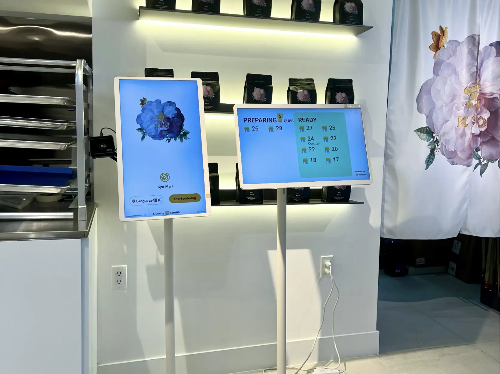 MenuSifu self-service kiosk and digital order display showing drink preparation and pickup status at a tea shop, improving order flow and customer convenience.