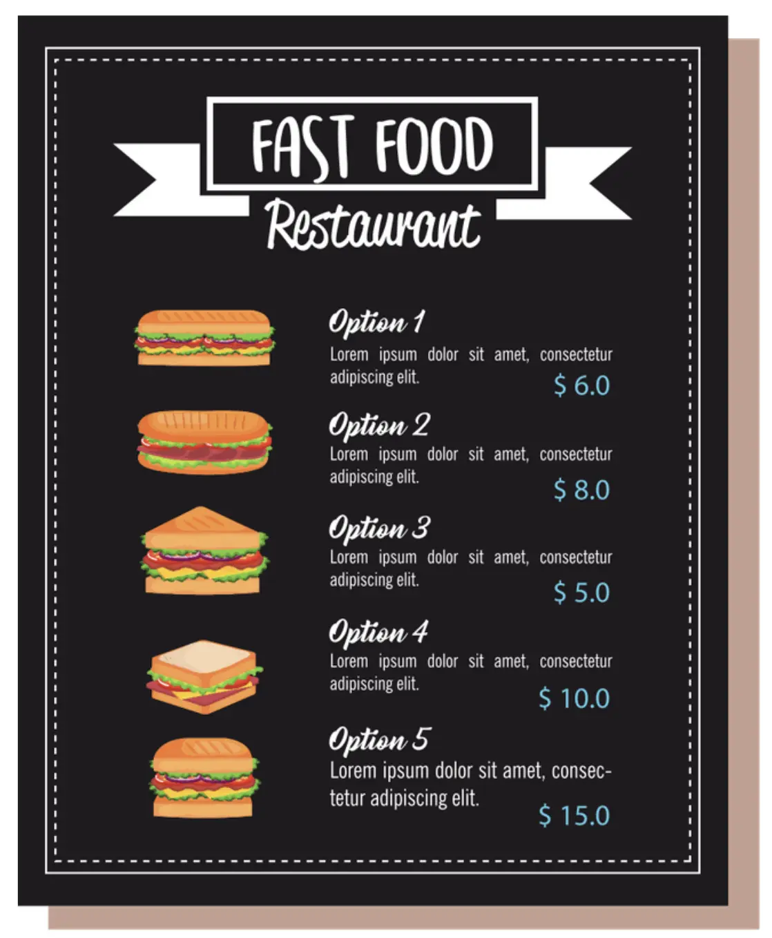 A black fast food menu with illustrated sandwiches and pricing options for a quick-service restaurant.