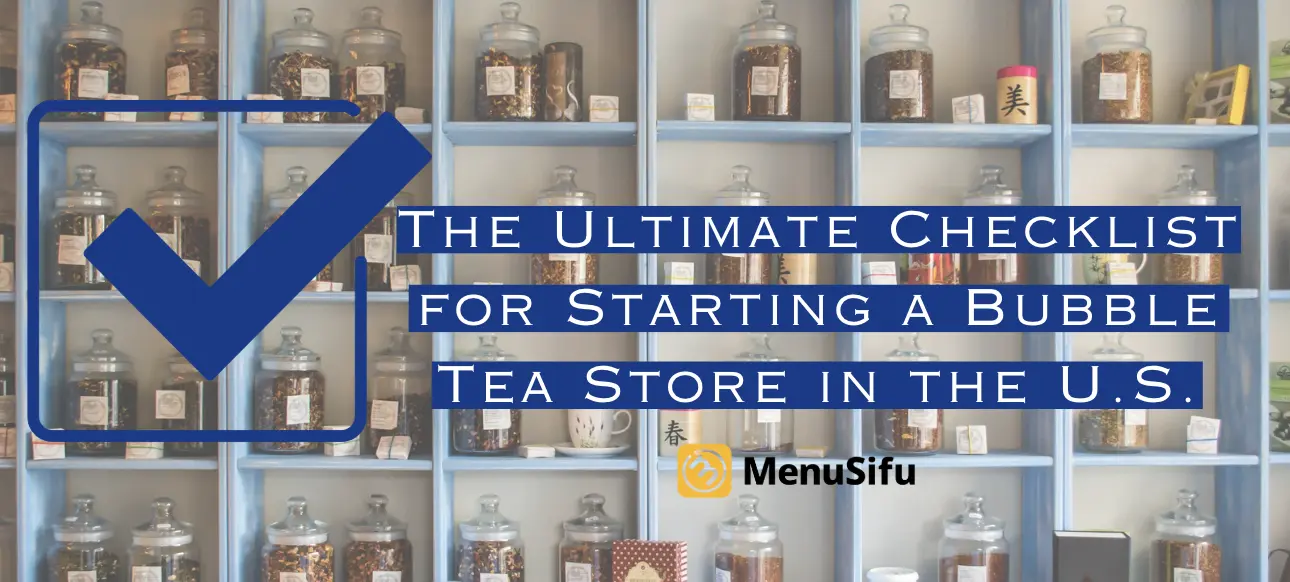 Large checklist icon and text over tea jar shelf background promoting a guide to start a bubble tea shop