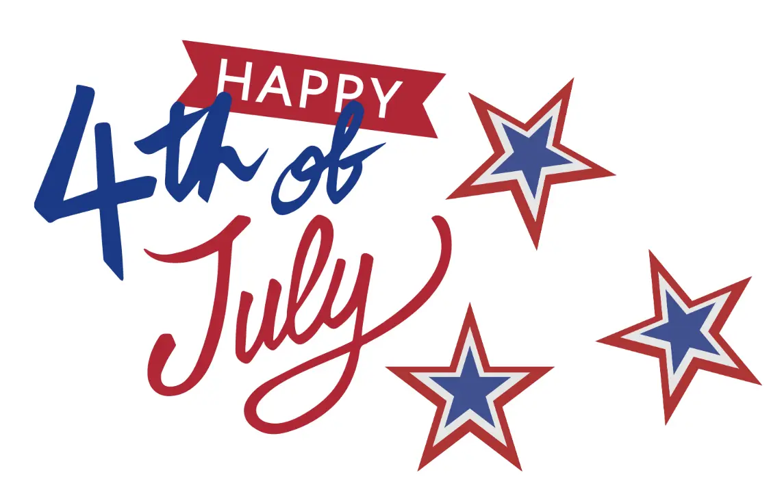  Red and blue illustrated text saying “Happy 4th of July” with red and blue star accents, styled for American Independence Day.