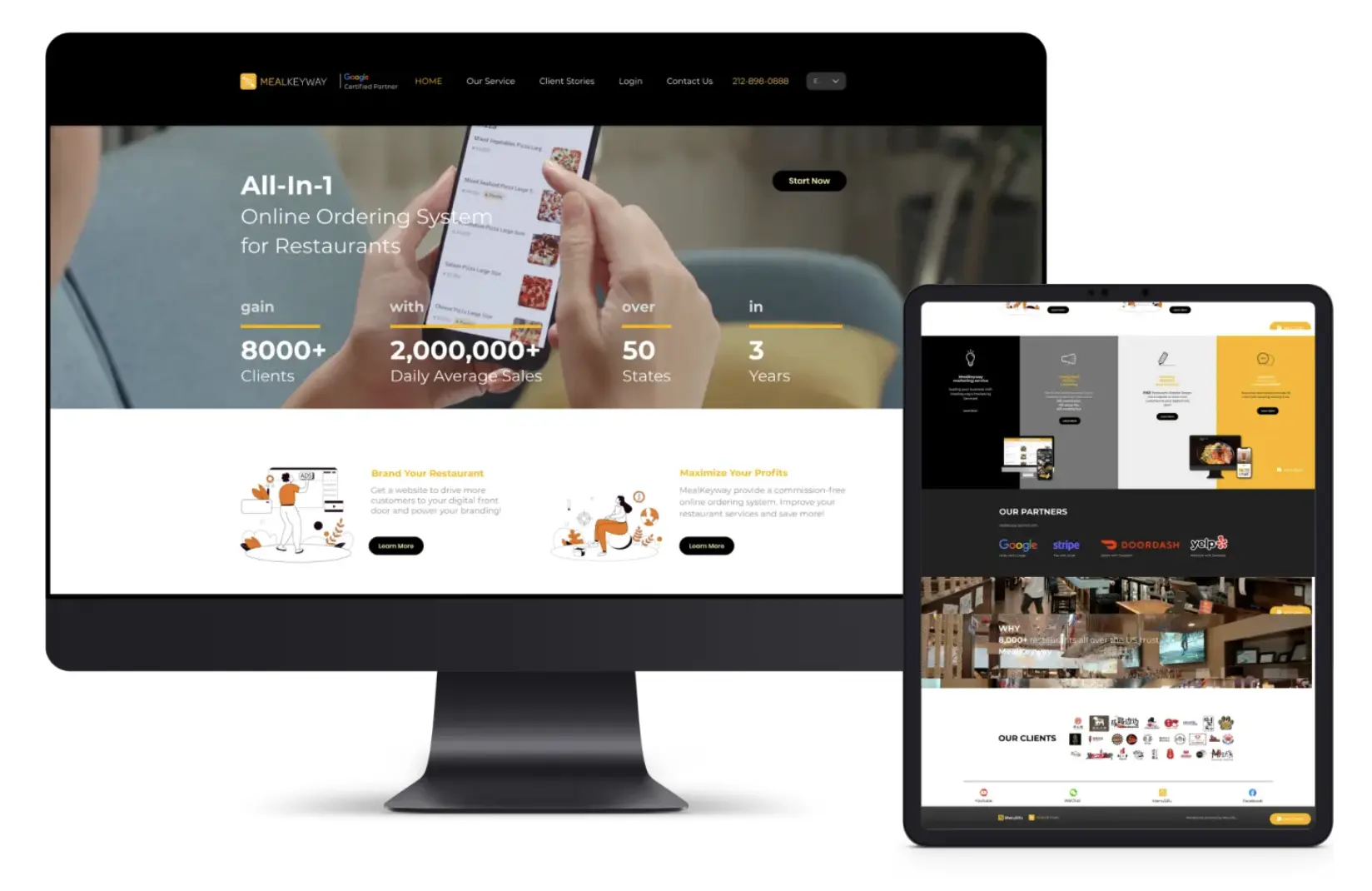 A desktop and tablet displaying MealKeyway's all-in-one online ordering system for restaurants, highlighting client statistics and integration partners.