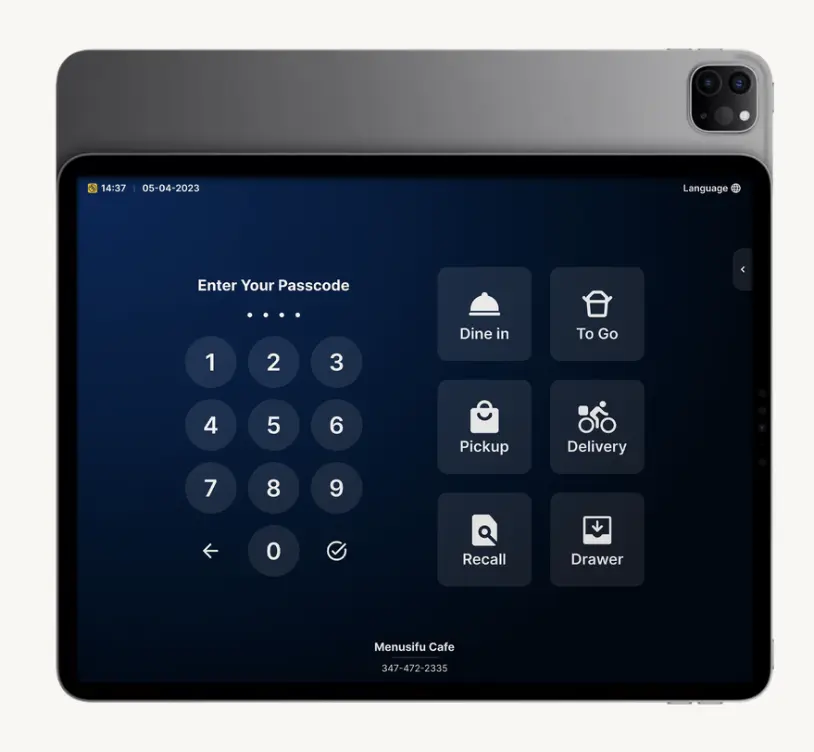An iPad POS login screen with secure passcode entry and multiple dining options such as dine-in, takeout, pickup, and delivery.