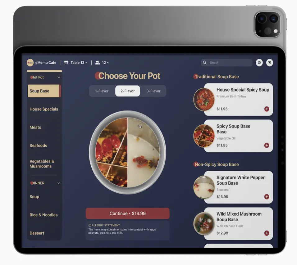A restaurant iPad POS system displaying an interactive digital menu for hot pot selection, offering various soup base options.
