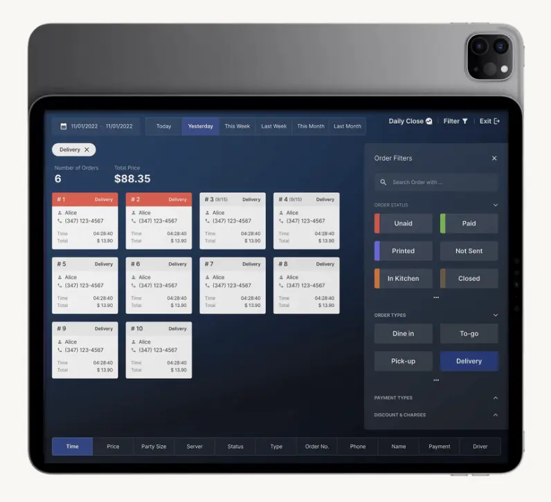 Close-up of an iPad displaying MenuSifu POS Lite interface with order management and order status filters.