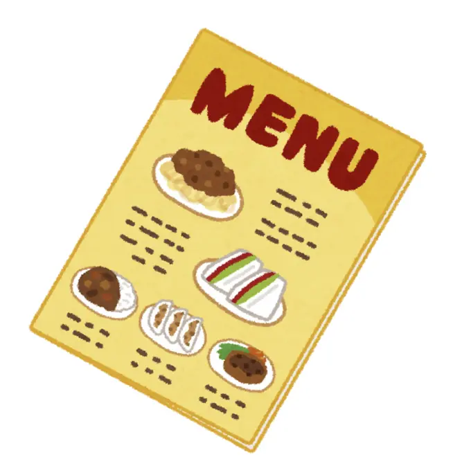 Cartoon-style restaurant menu with various illustrated dishes like pasta, dumplings, and sandwiches