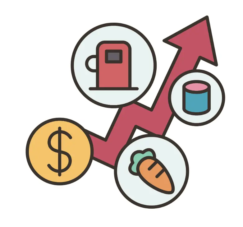Illustration showing icons for fuel, food, and money rising along a red arrow, symbolizing the impact of inflation on everyday costs.