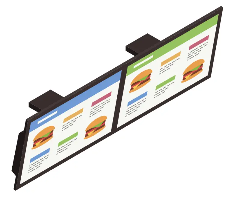 Isometric digital menu board displaying burgers and colorful item categories for quick service restaurants.