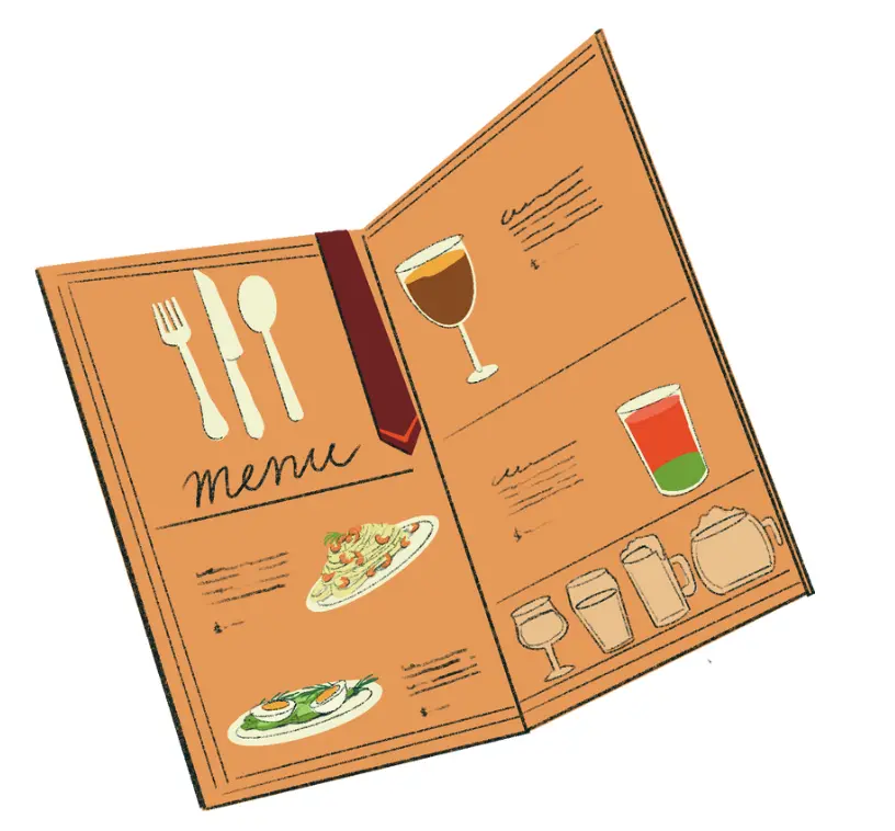 Illustrated restaurant menu showing drinks, pasta dishes, and utensils, styled for a dine-in experience.