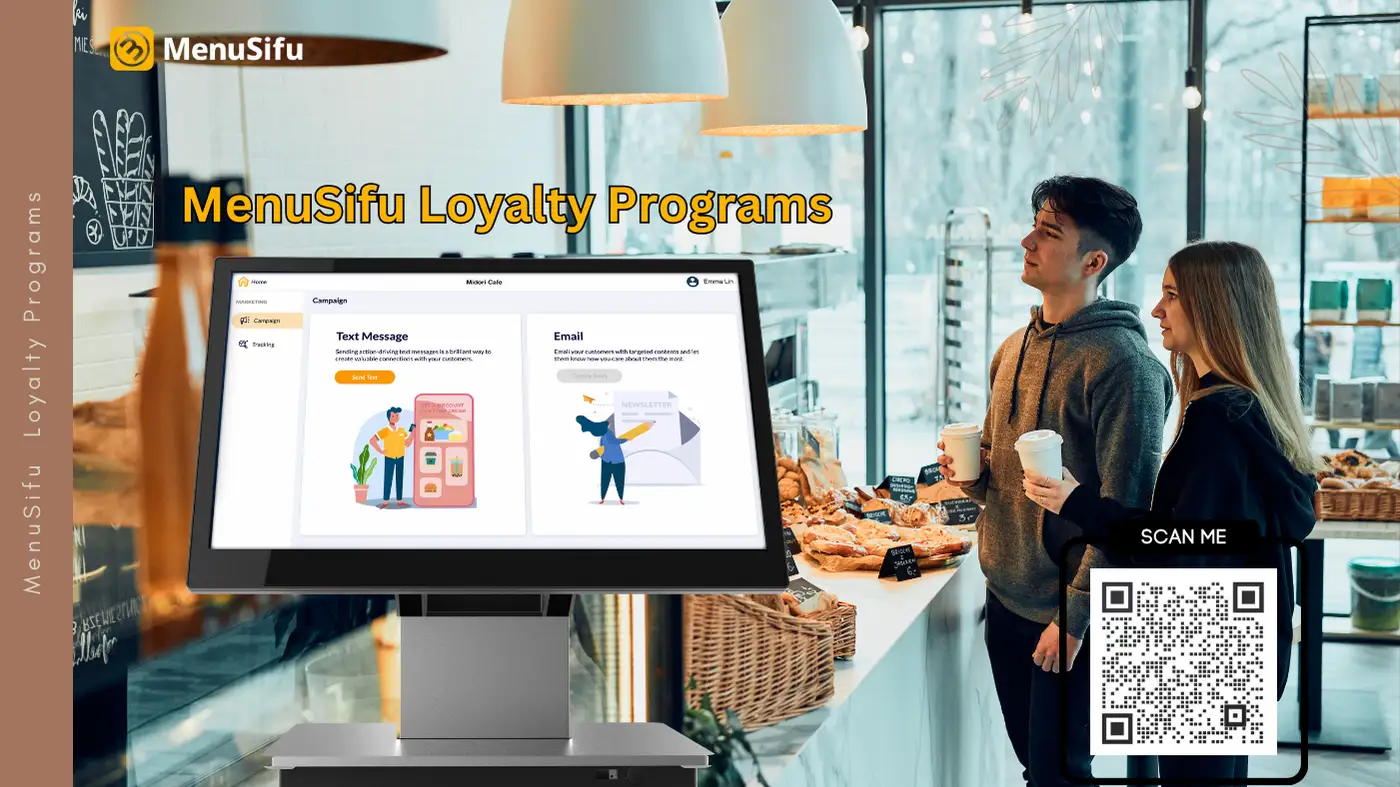 MenuSifu loyalty program on a digital screen in a bakery, showing features like text message campaigns and customer engagement.
