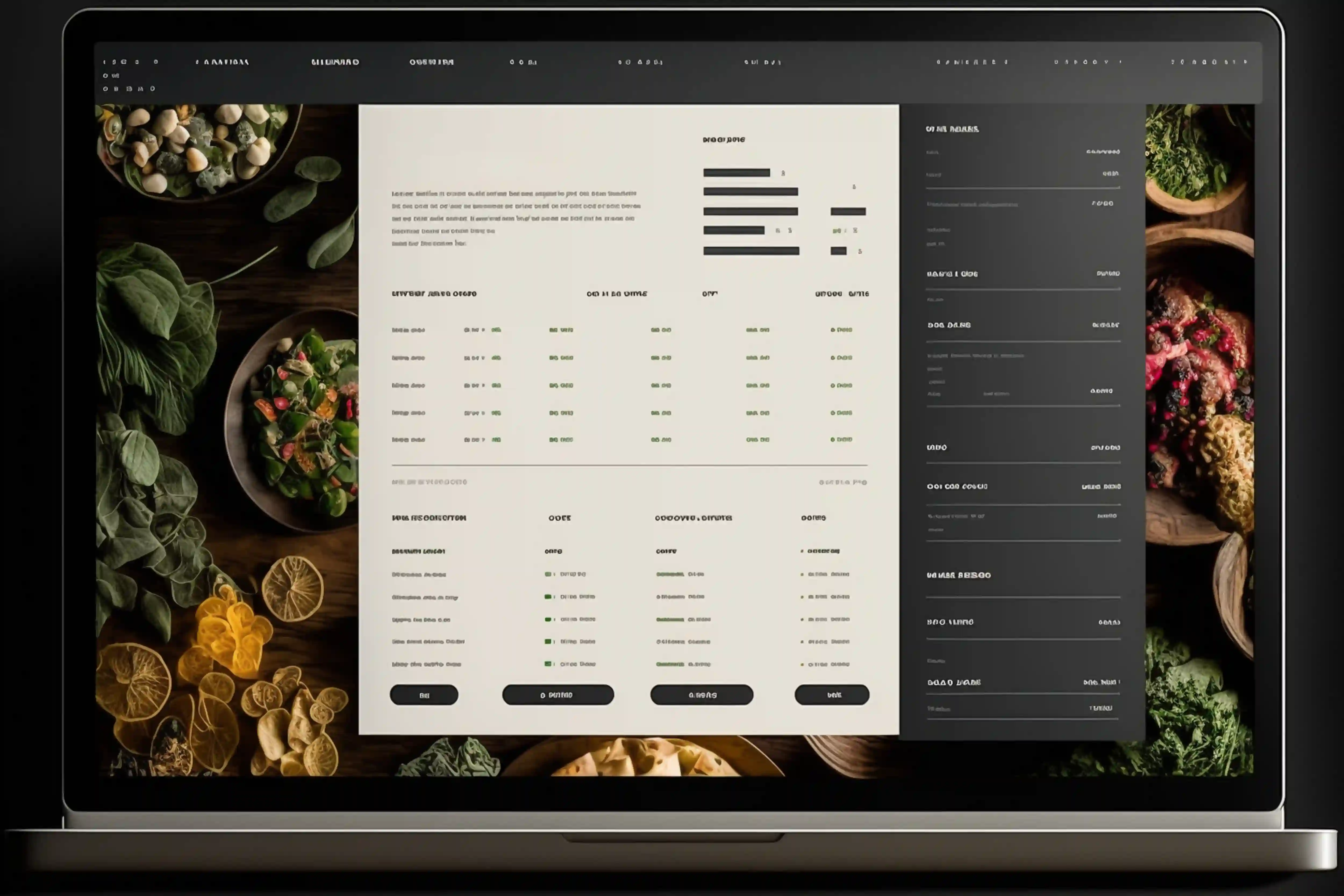 A detailed restaurant menu and order system displayed on a laptop screen, with a backdrop of fresh ingredients.