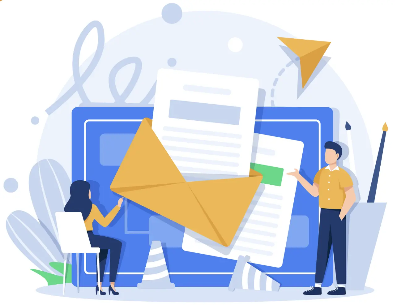 Two people interacting with oversized email graphics, symbolizing email creation and management