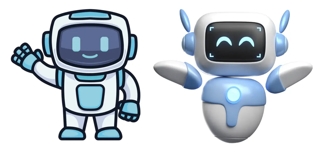 Two cheerful robot characters waving, showcasing a digital and friendly vibe.