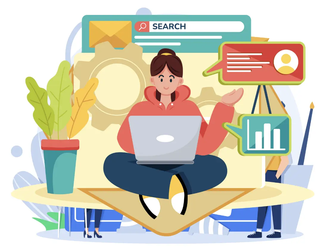 A woman with a laptop surrounded by icons like email, search, and analytics, representing digital marketing