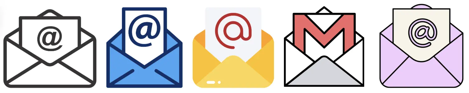 A row of colorful envelope icons featuring email symbols, representing email communication.