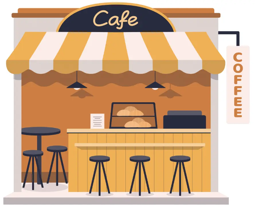  A cozy café exterior with a "Cafe" sign, bar stools, and display case with baked goods.