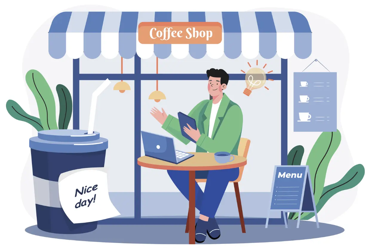 A coffee shop with a customer sitting at a table, enjoying a beverage, and working remotely on a laptop.