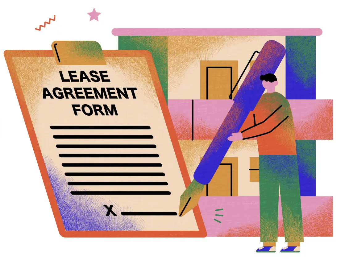 A person signing a lease agreement form with a large pencil, representing the formal signing process for a rental contract.