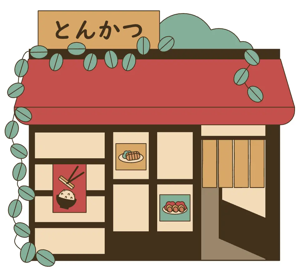 A restaurant exterior with a "Tonkatsu" sign, featuring images of traditional Japanese dishes and decorative elements.