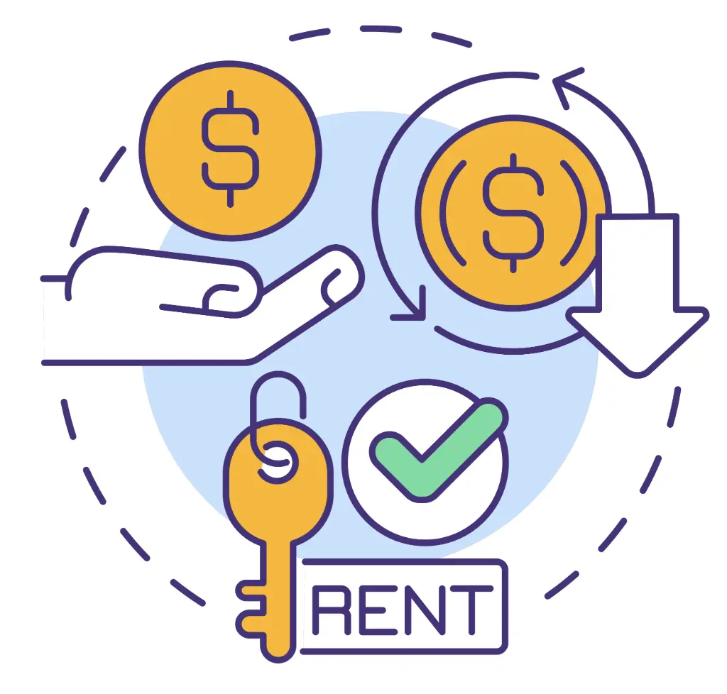 A hand holding coins with symbols of money and a key representing rental agreements and financial transactions.