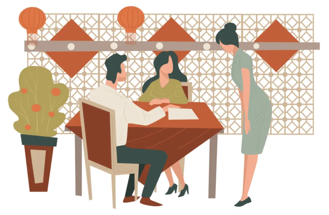 Illustration of a traditional Chinese restaurant interior with red lanterns and cultural decorations, emphasizing Chinese dining experience and service.