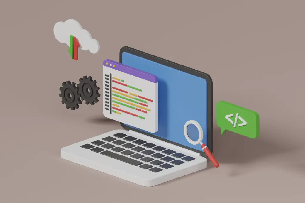 3D illustration of a laptop with code, gears, cloud syncing, and development icons representing restaurant software tools.