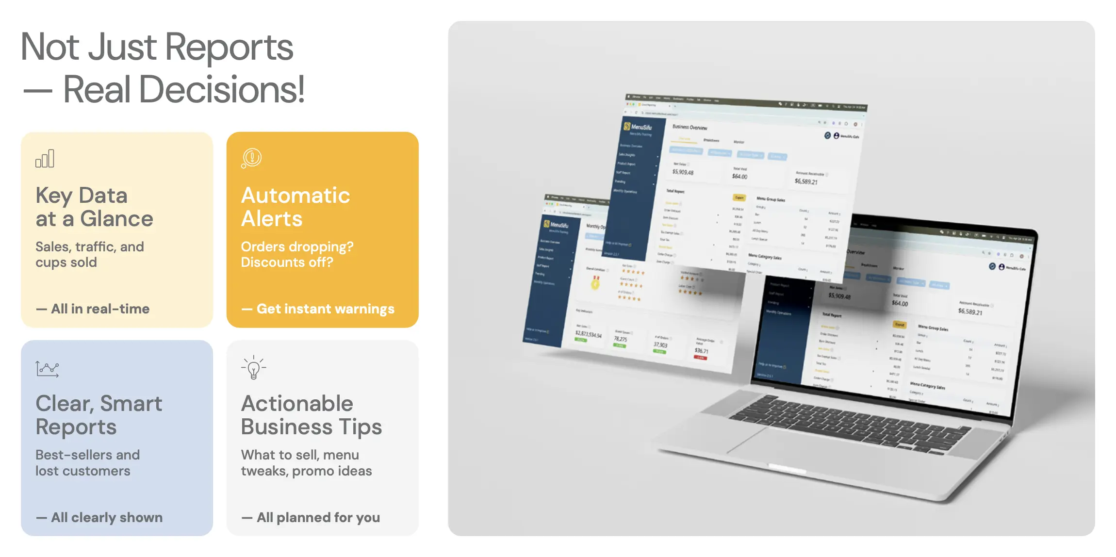 MenuSifu’s smart dashboard with sales data, alerts, and actionable tips