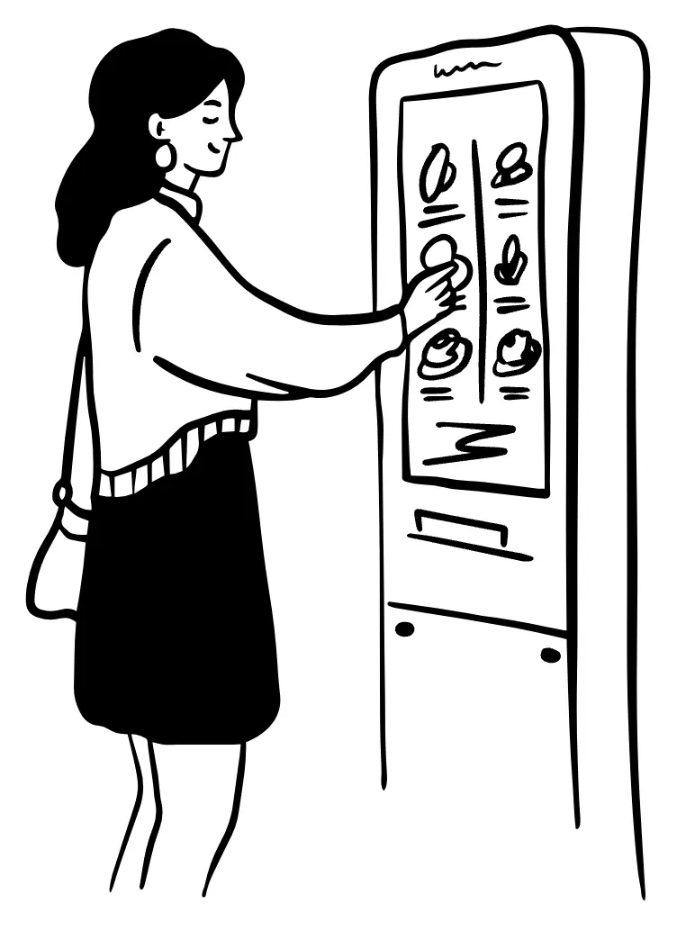 A black and white line drawing of a woman interacting with a self-ordering kiosk, selecting food options from a digital menu.