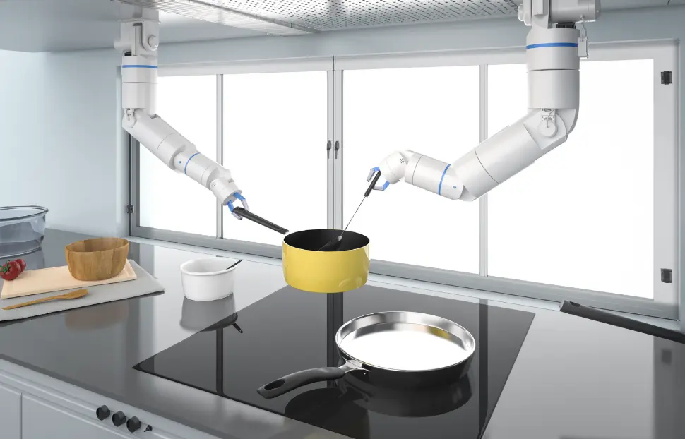 A futuristic kitchen with robotic arms cooking, demonstrating automation in restaurant food preparation.