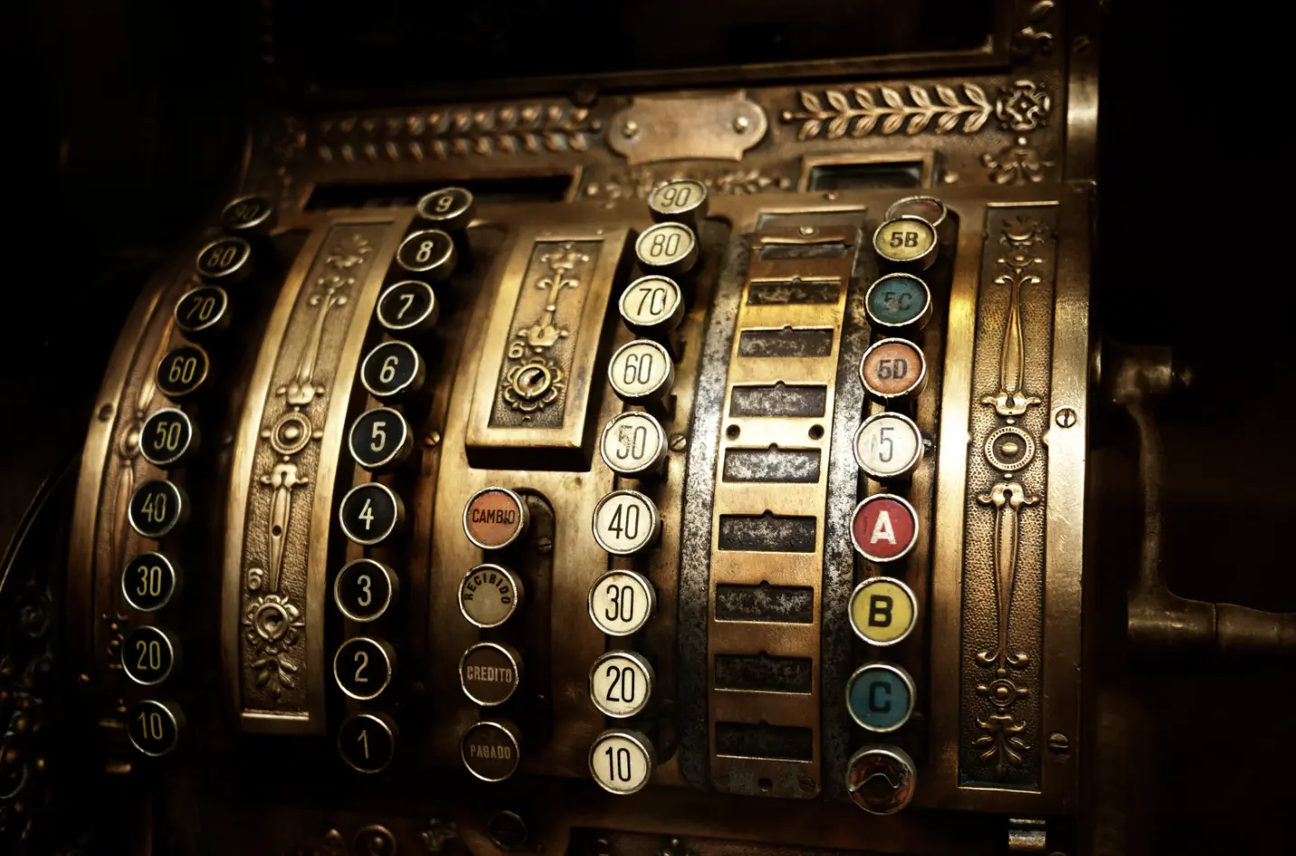A vintage mechanical cash register with intricate details, symbolizing the history and progression of POS technology.