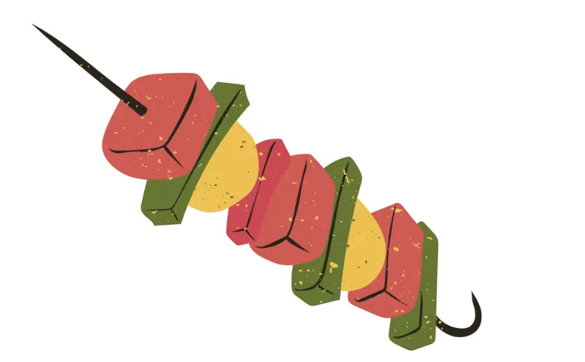 An illustrated skewer with colorful grilled vegetables, including red peppers, zucchini, and yellow squash, showcasing BBQ menu diversity.