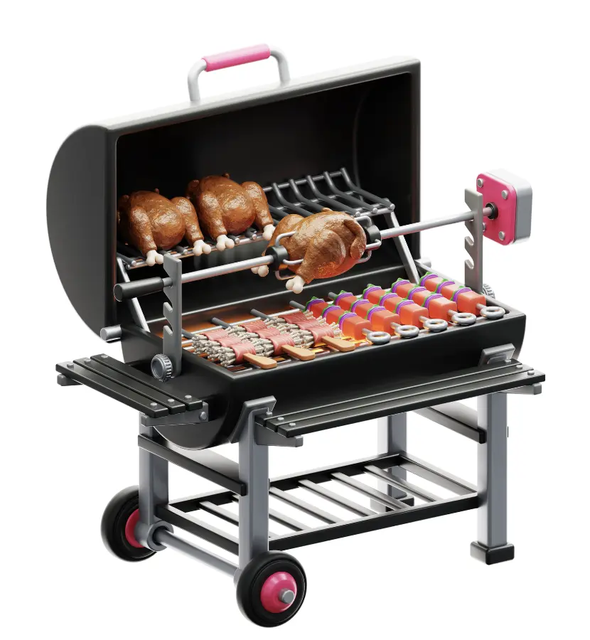 A high-quality rotisserie grill with whole chickens and skewers of meat and vegetables, ideal for a BBQ business setup.
