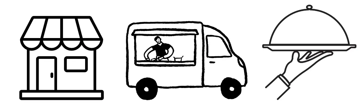 Icons representing different BBQ business models: a storefront for a restaurant, a food truck, and a serving tray for catering services.