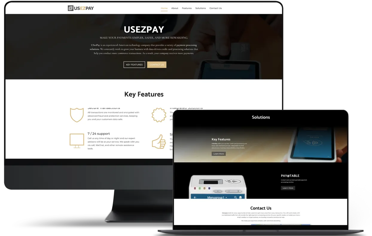 Desktop and laptop screens displaying the USEZPAY payment system interface with key features and contact options.