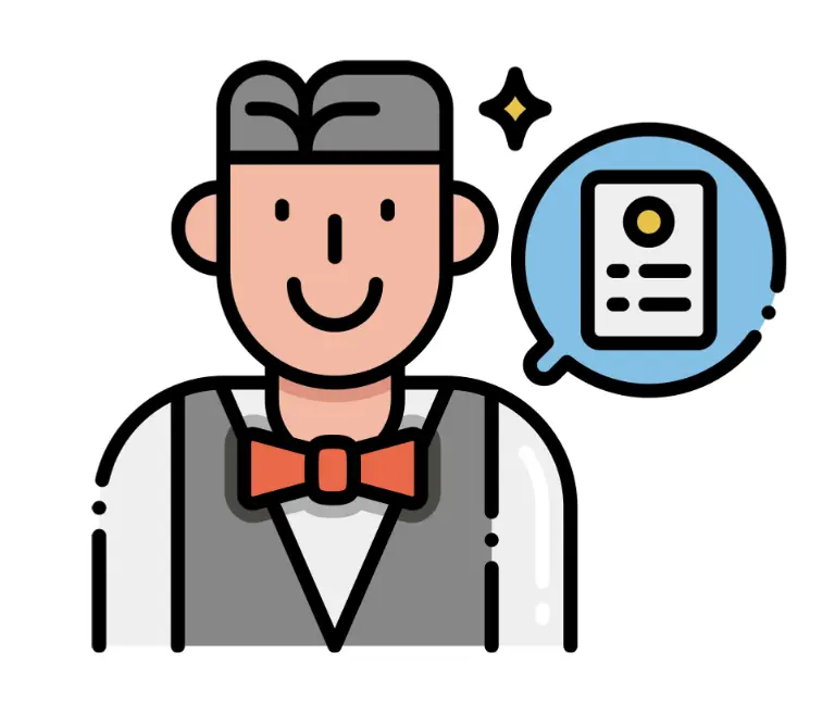 Cartoon icon of a restaurant host with a bow tie and a speech bubble showing a menu.