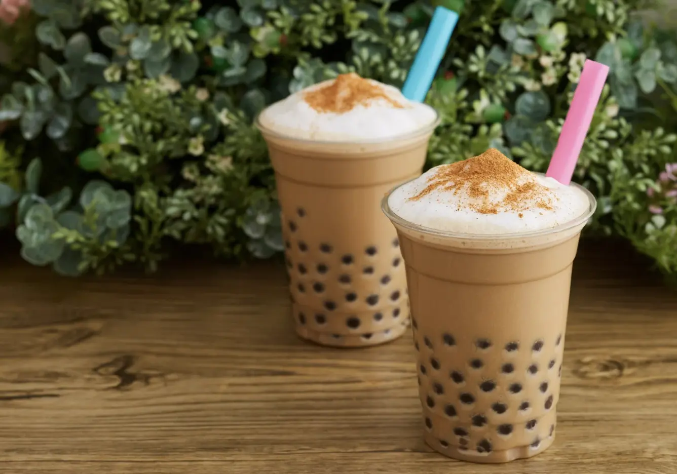 Two glasses of brown sugar bubble tea topped with cream and sprinkled with cinnamon, placed on a wooden table.