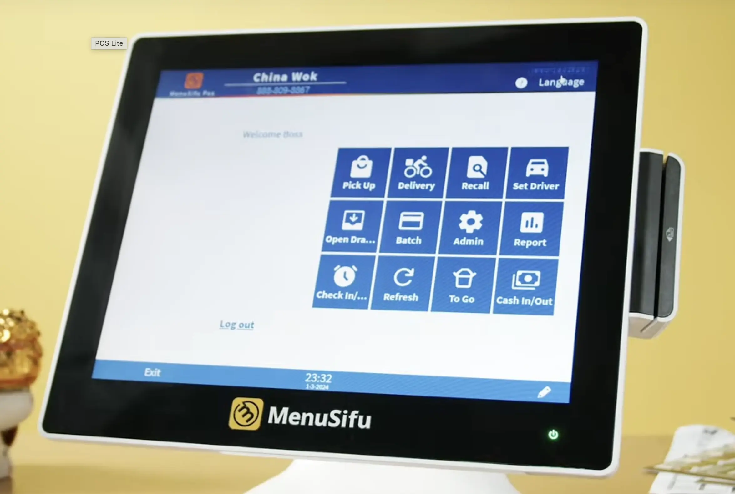 MenuSifu POS Lite touchscreen interface showcasing order, delivery, and payment options for restaurant management.
