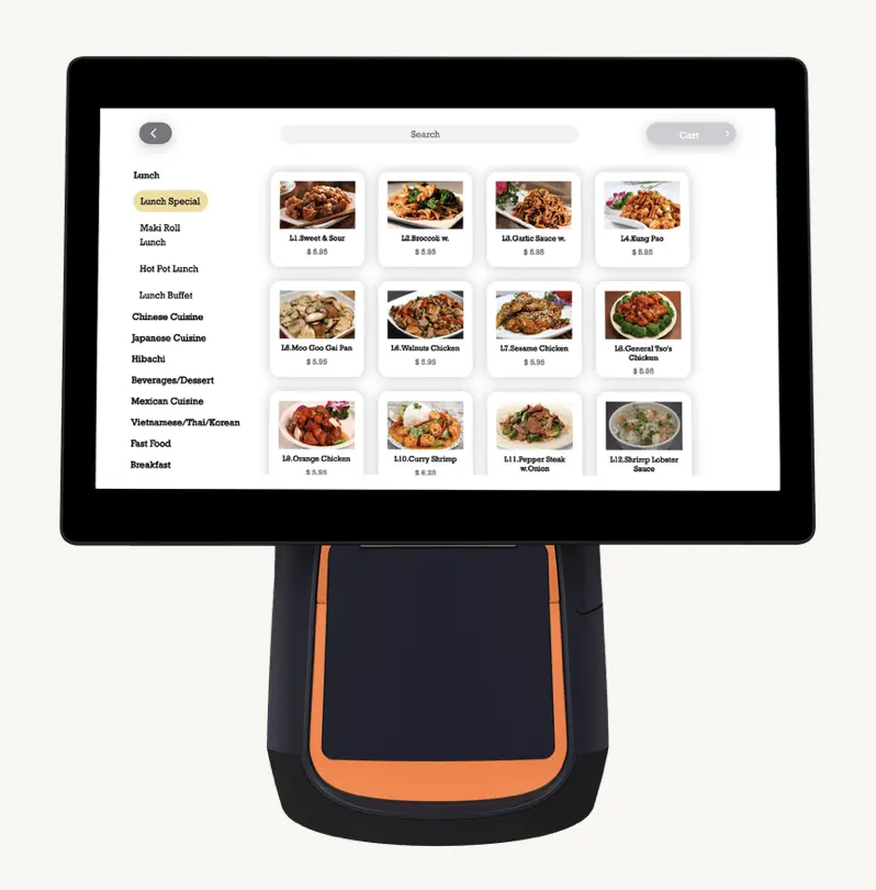 MenuSifu Kiosk Lite displaying a self-ordering interface with a variety of menu options and categories.