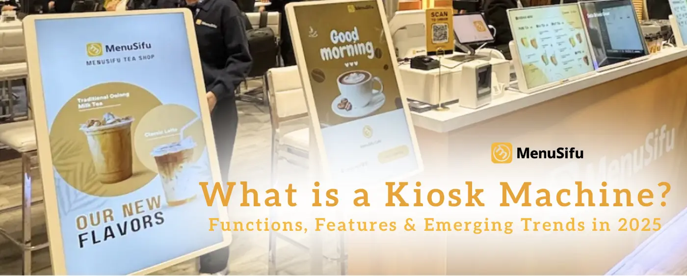 Two freestanding MenuSifu self-order kiosks at a trade event displaying tea and coffee ordering interfaces