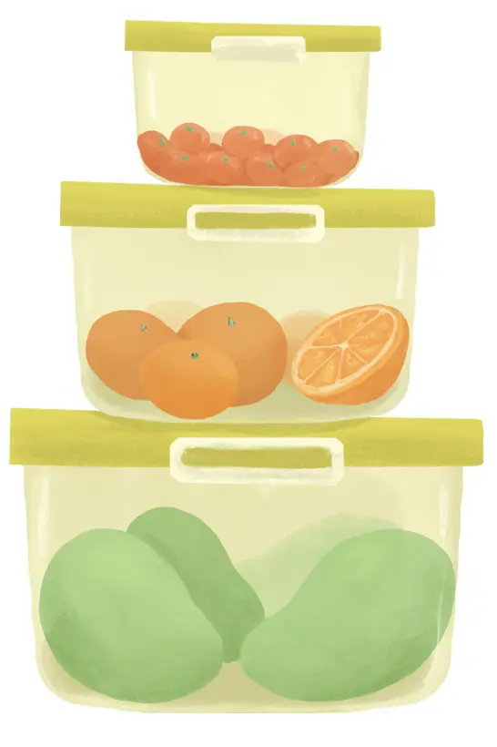 Three transparent food storage containers stacked on top of each other, containing fresh produce like oranges, tomatoes, and avocados.