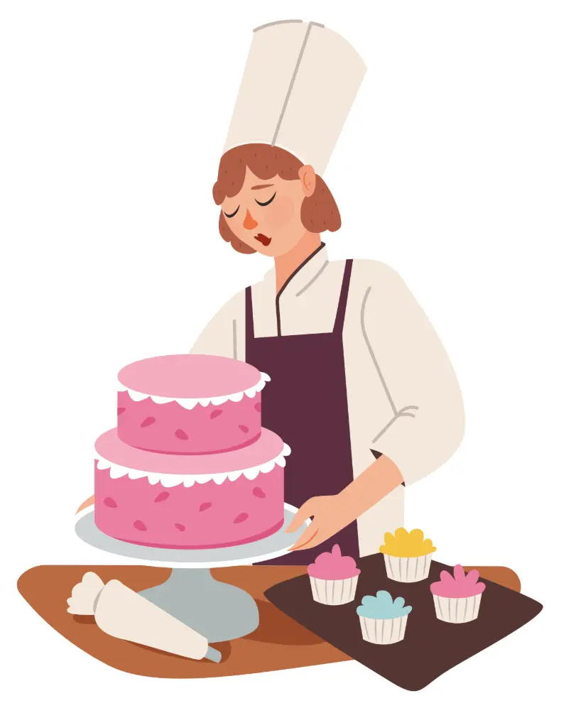 Illustration of a cake designer assembling and decorating a pink layered cake with cupcakes on the side.