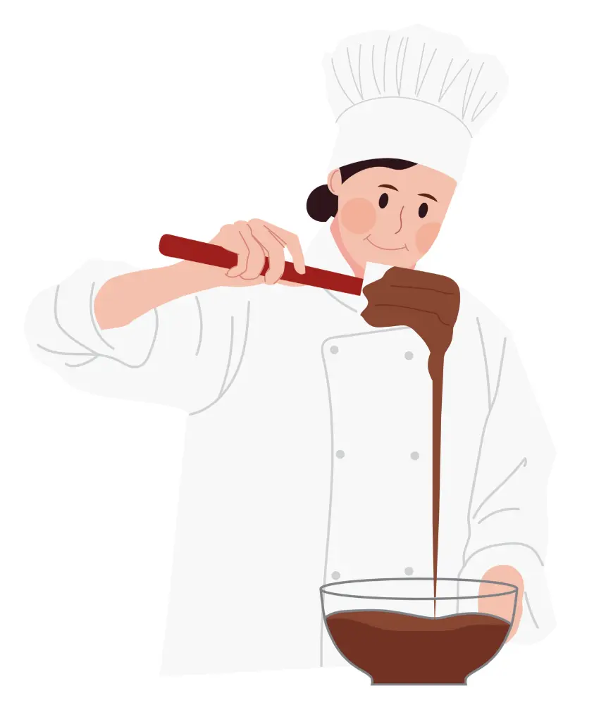 Illustration of a chocolatier carefully stirring melted chocolate in a glass bowl while wearing a chef's uniform.