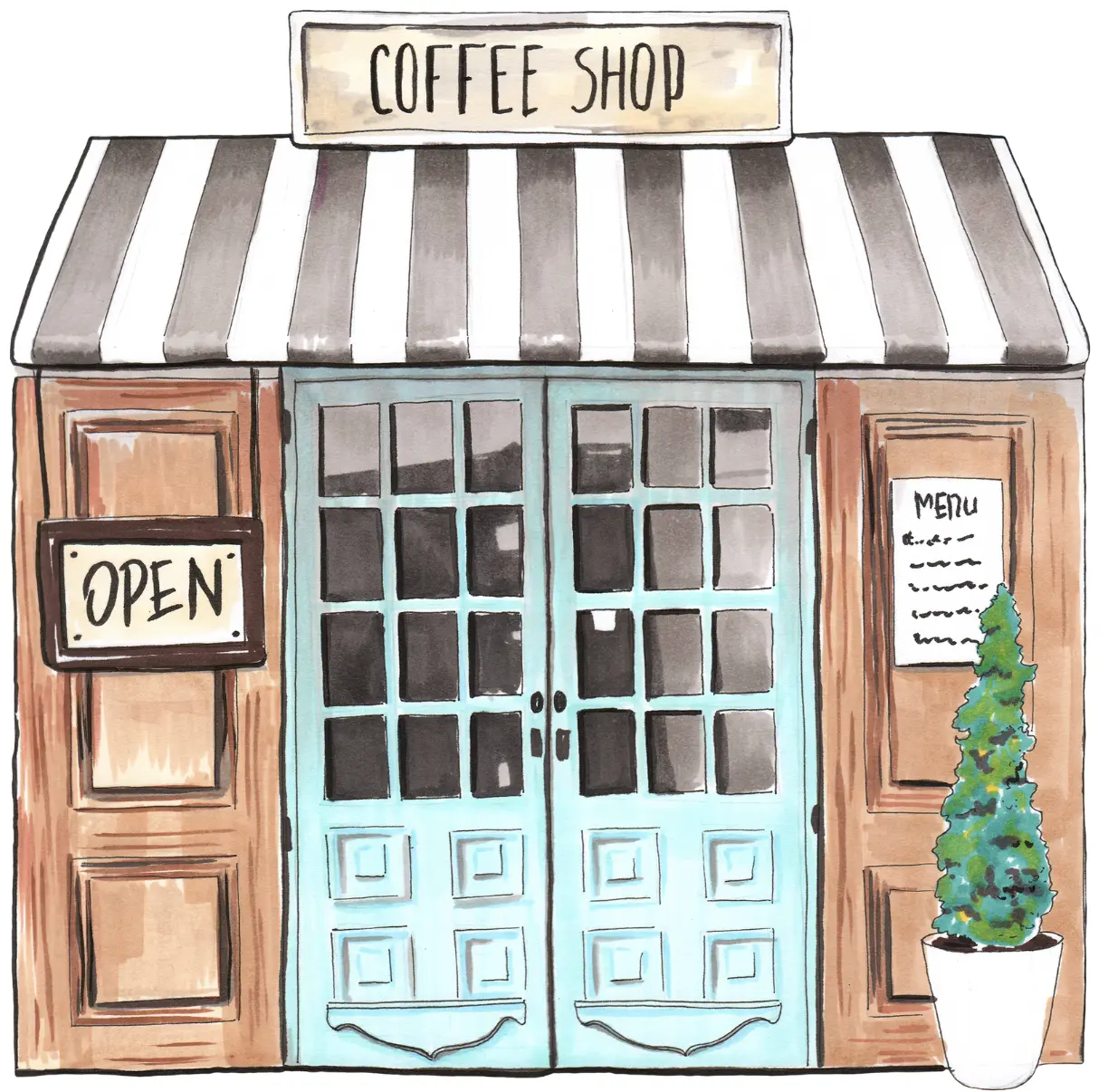 Illustration of a coffee shop entrance with striped awning, a wooden door, an open sign, and a potted plant.