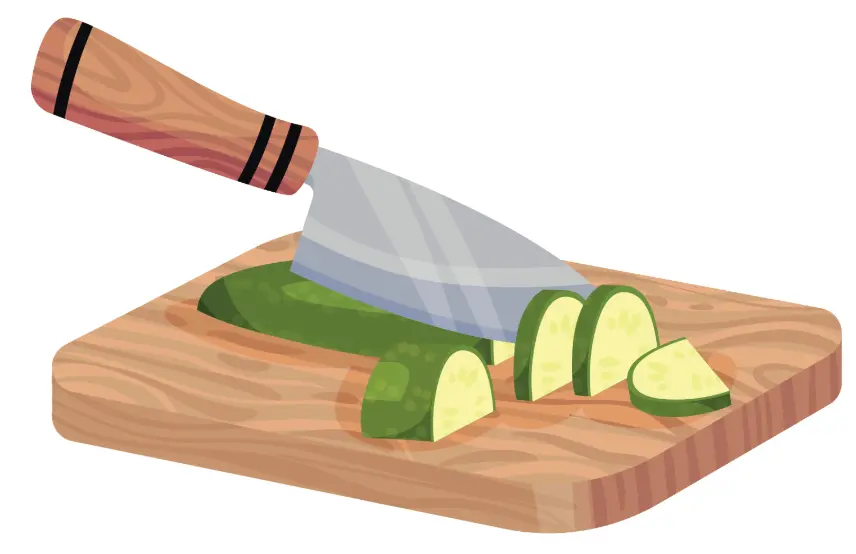 A close-up of a kitchen knife slicing zucchini on a wooden cutting board, with neatly cut pieces displayed.