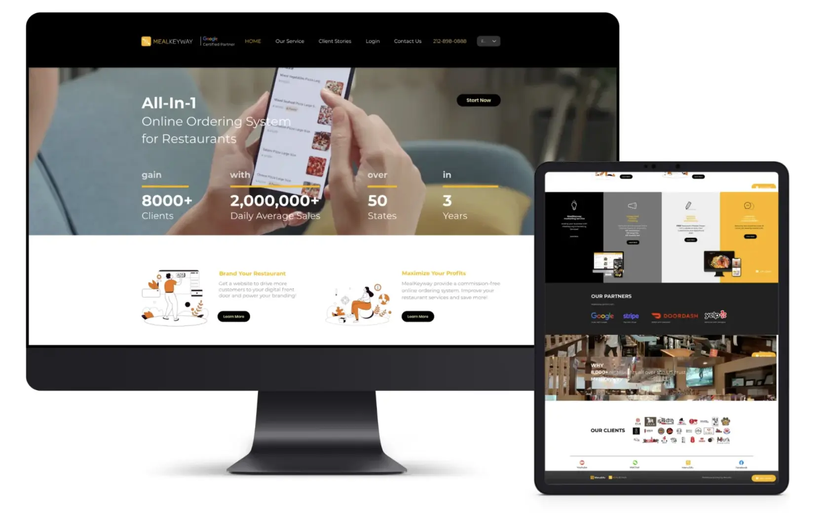 Display of an all-in-one online ordering system for restaurants, shown on a computer monitor and tablet, highlighting features like client statistics and digital menu.