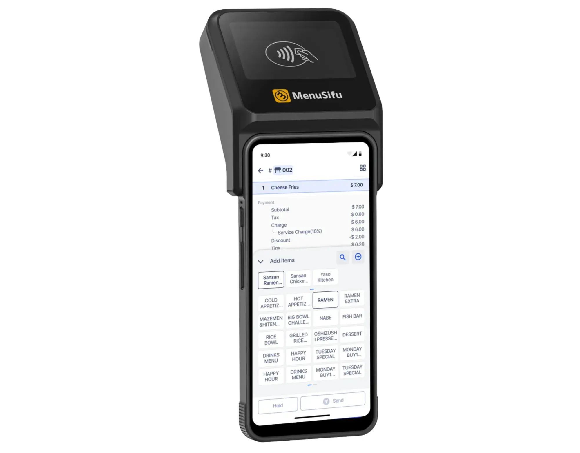 A close-up view of the MenuSifu POS GO handheld device showing transaction details and payment options.