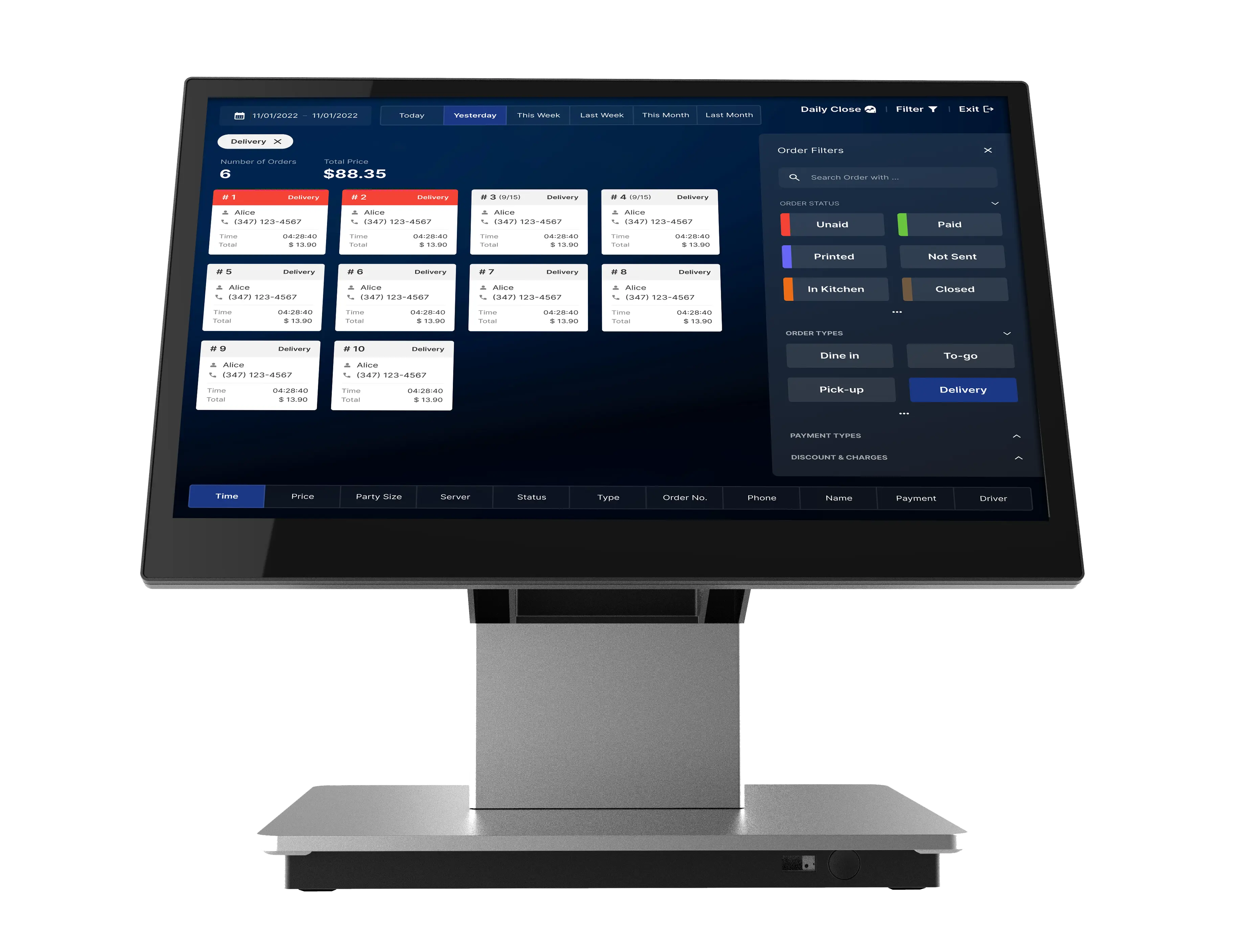 A POS terminal showcasing an order management dashboard with filters for dine-in, to-go, and delivery orders, enhancing efficiency.